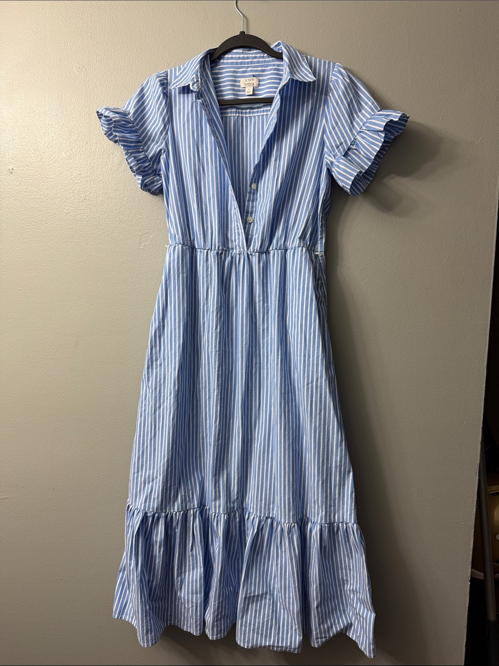 J.Crew Factory striped ruffle-sleeve shirt-dress in Sail Blue. 2 - Picture 2 of 8